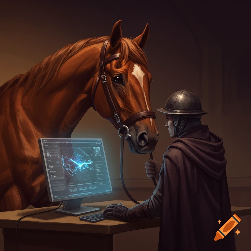 A horse and a cloaked person are looking at a computer screen.