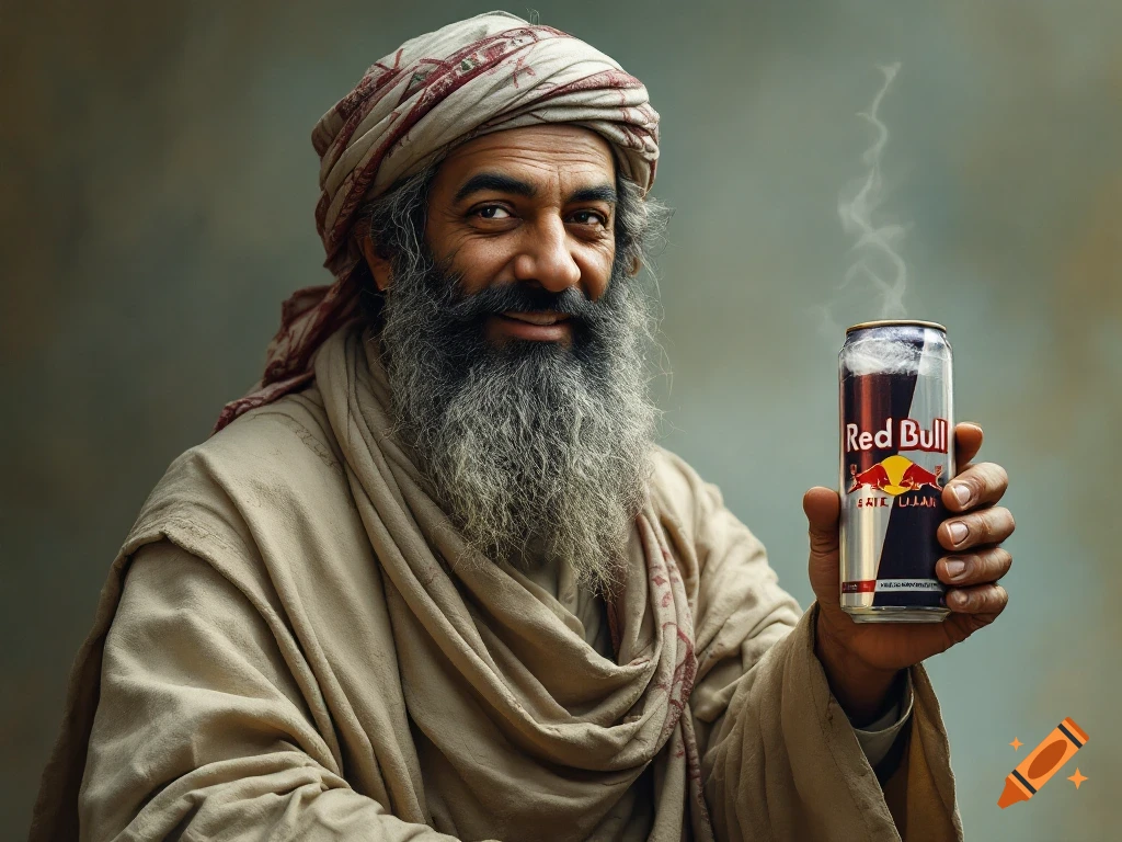 A man with a beard and turban holds up a Red Bull can in a realistic portrait.