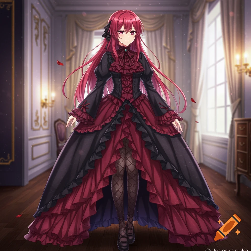 Anime illustration of a girl in a black and red Victorian dress standing in a room.