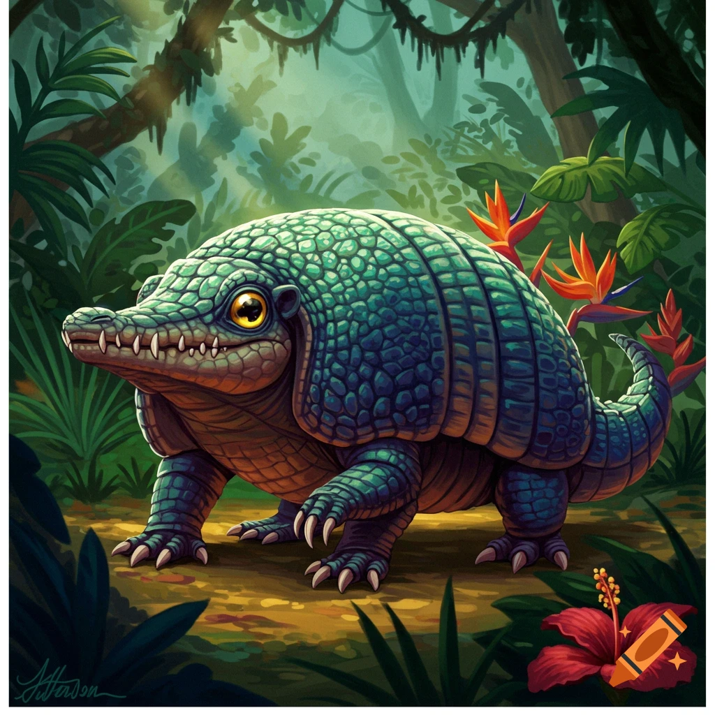 Green and blue armadillo-crocodile creature in a jungle.