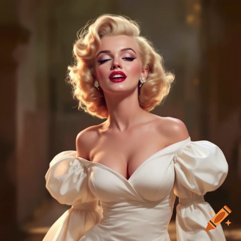 Portrait of a woman resembling Marilyn Monroe in an iconic white dress.