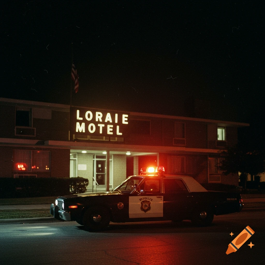 Police car with flashing lights parked in front of a motel sign at night, film photography style.