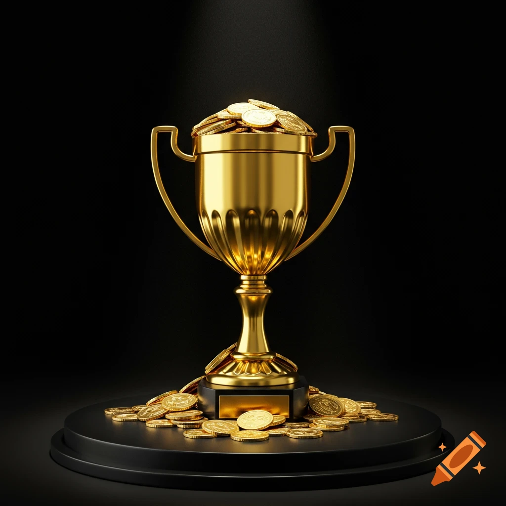 A golden trophy filled with gold coins sits on a black podium under a spotlight.