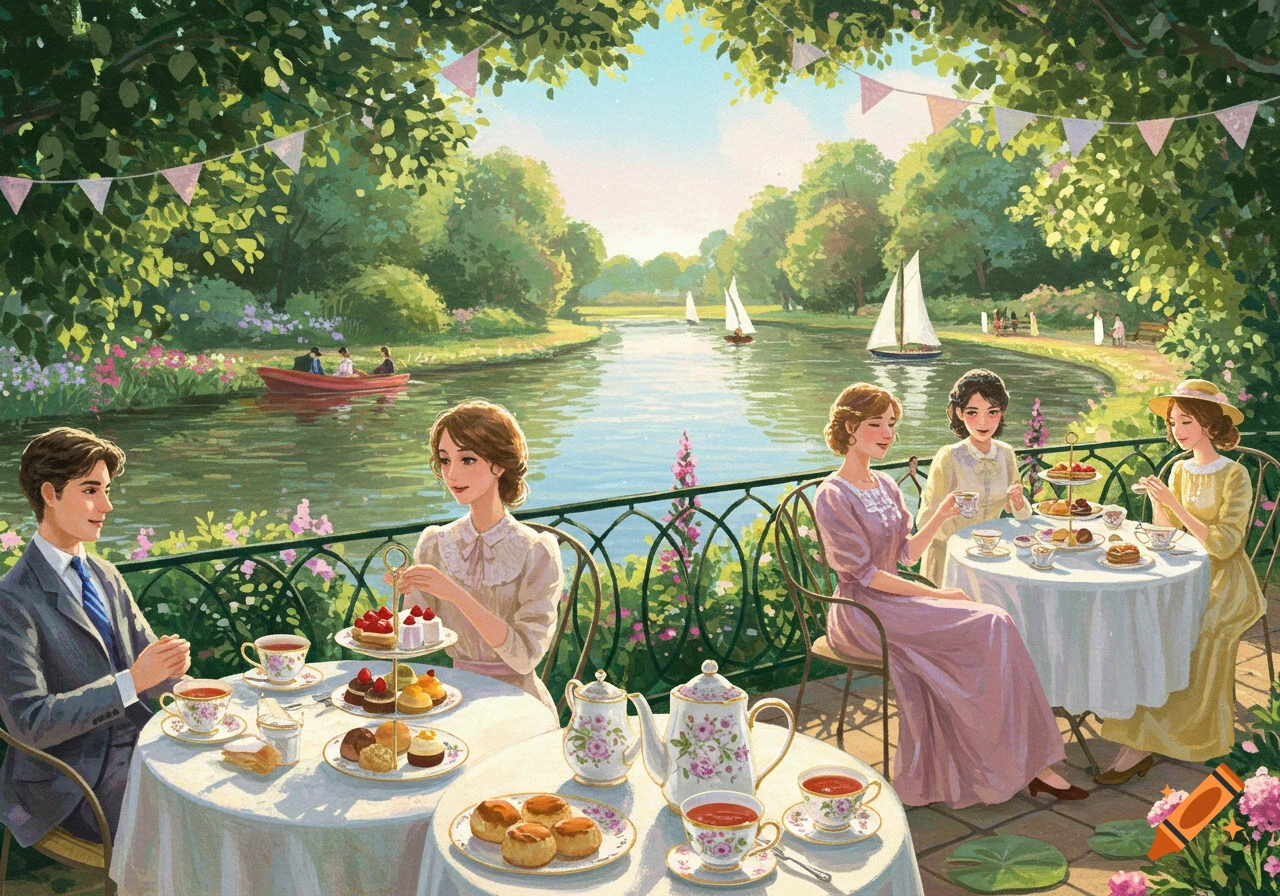 People having afternoon tea by a sunny river with boats sailing and trees.