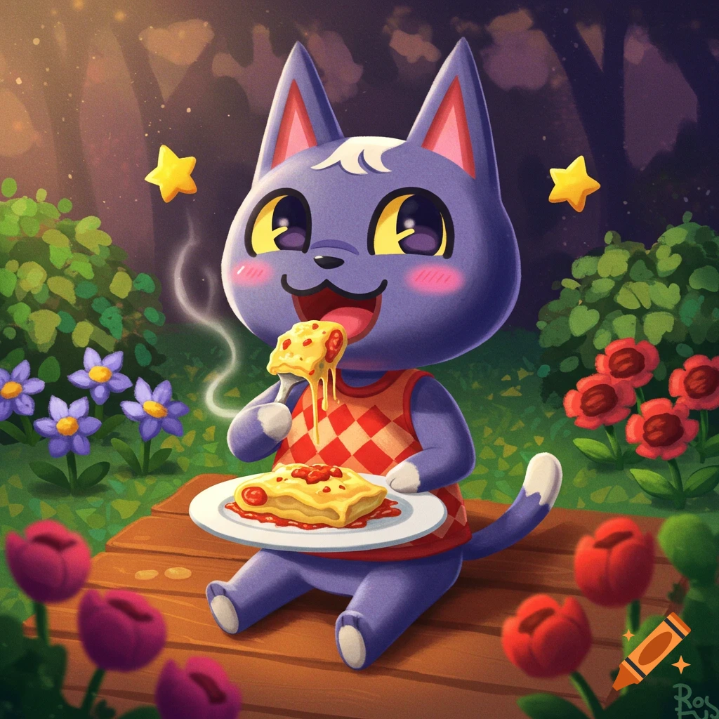 Animal Crossing cat character eating cheesy pasta in a garden. Stylized.