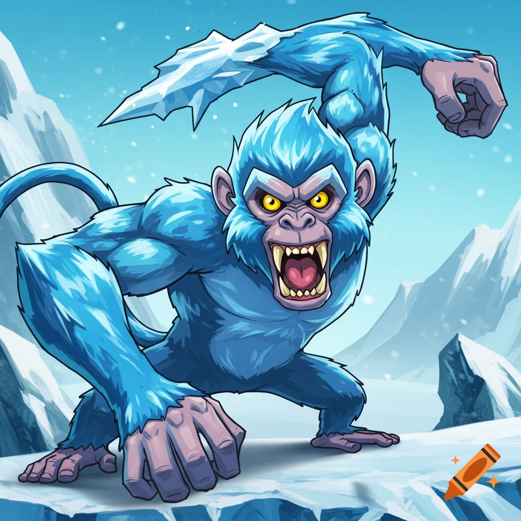 A fierce blue ice monkey cartoon in a snowy mountain landscape.