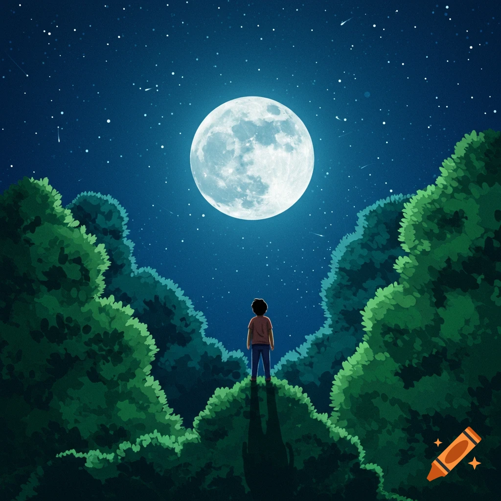 A person stands on treetops looking up at a large full moon in a starry night sky.