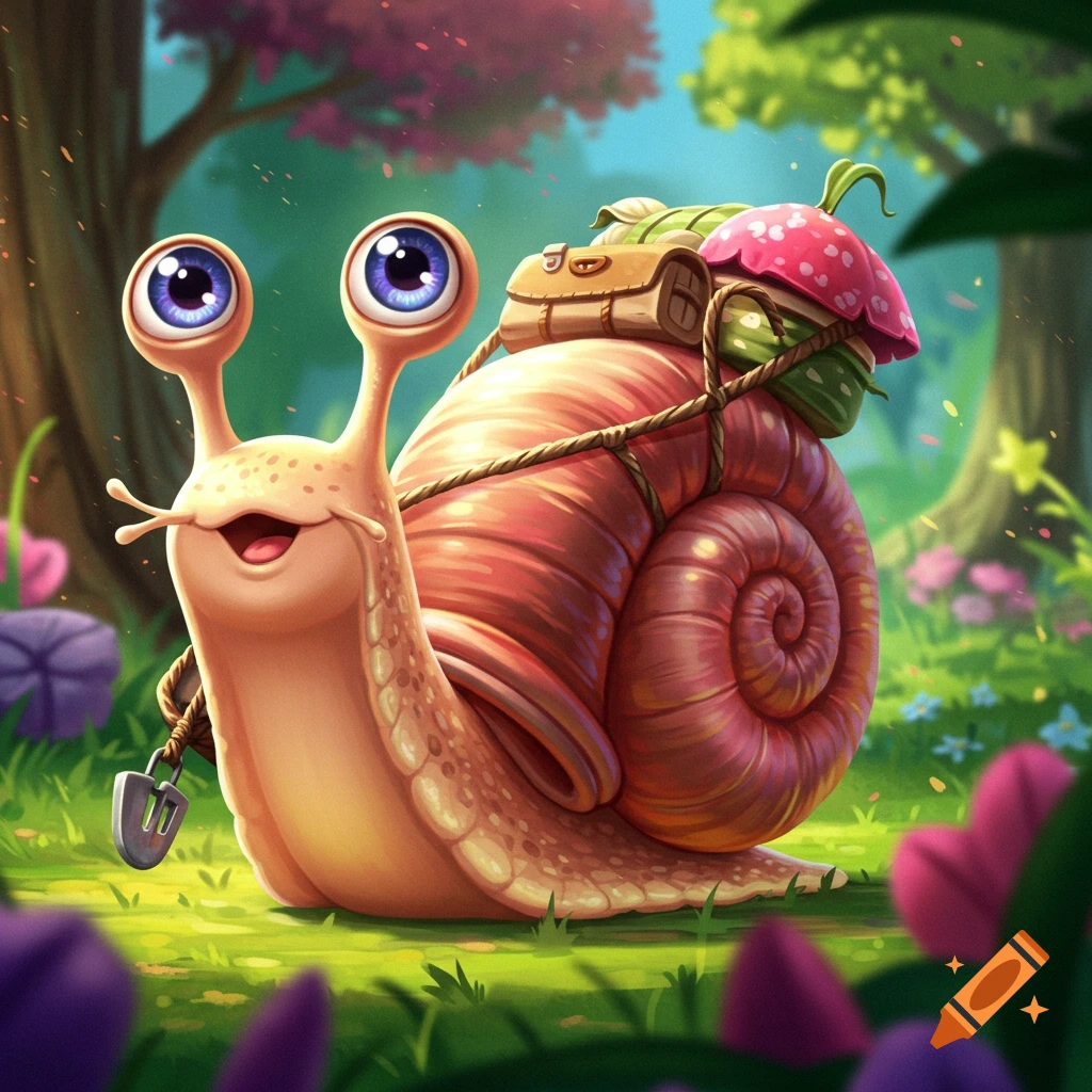 Cute cartoon snail with big eyes carrying a backpack through a forest