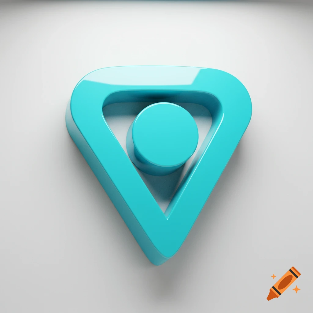 A teal 3D logo, shaped like an inverted triangle with a circle inside, casting a shadow on a white surface.