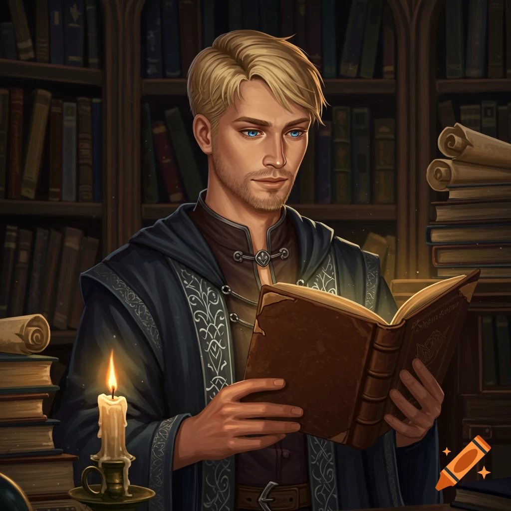 A man in wizard robes reads a glowing book in a library.