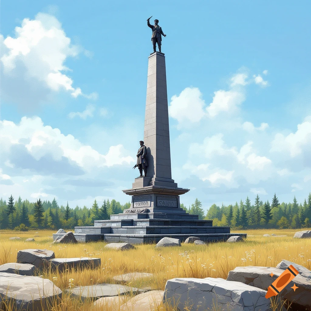 A war monument with two soldier statues in a field under a blue sky.