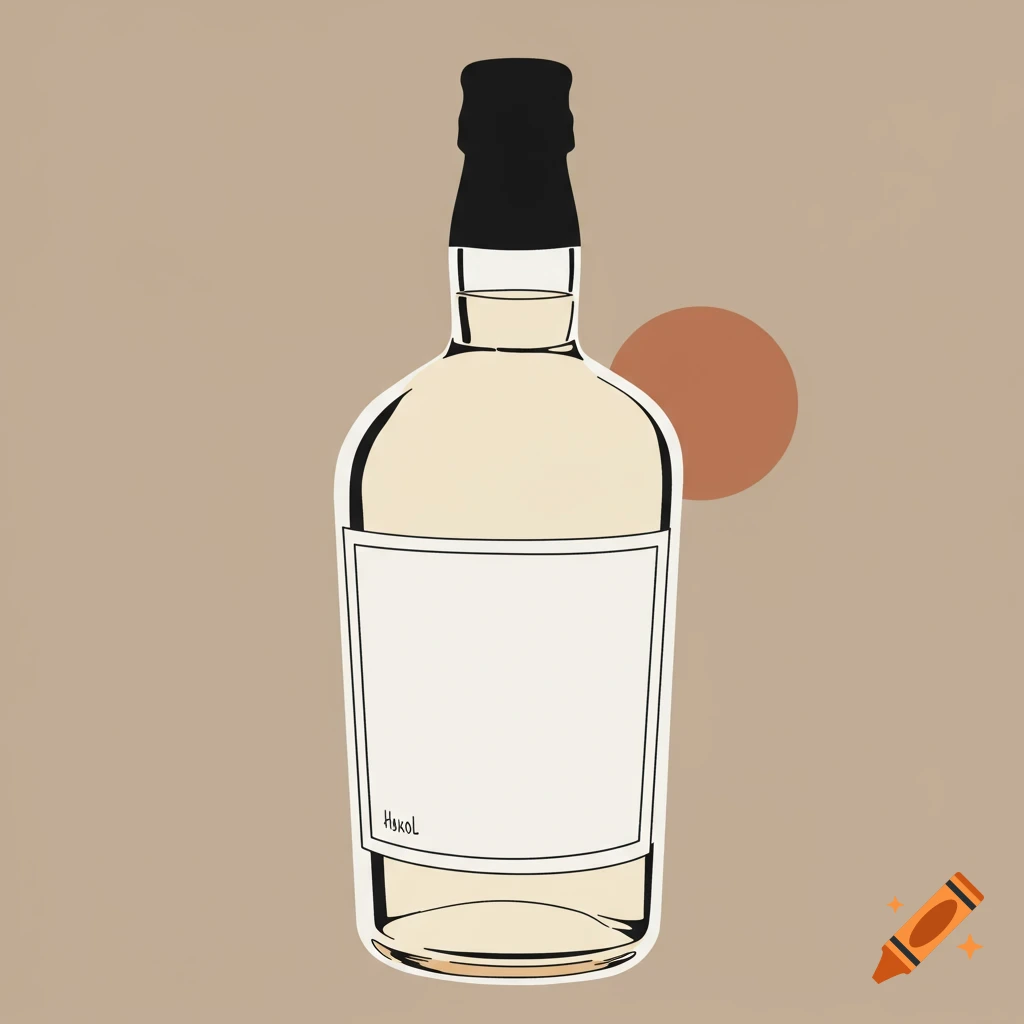 Minimalist image of a bottle of alcohol with a label and red circle background.