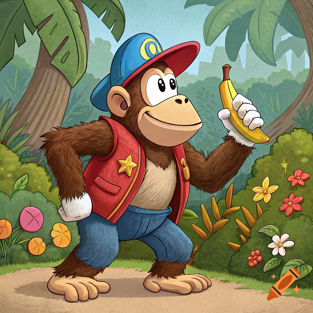 Cartoon monkey character holding a banana in a jungle.