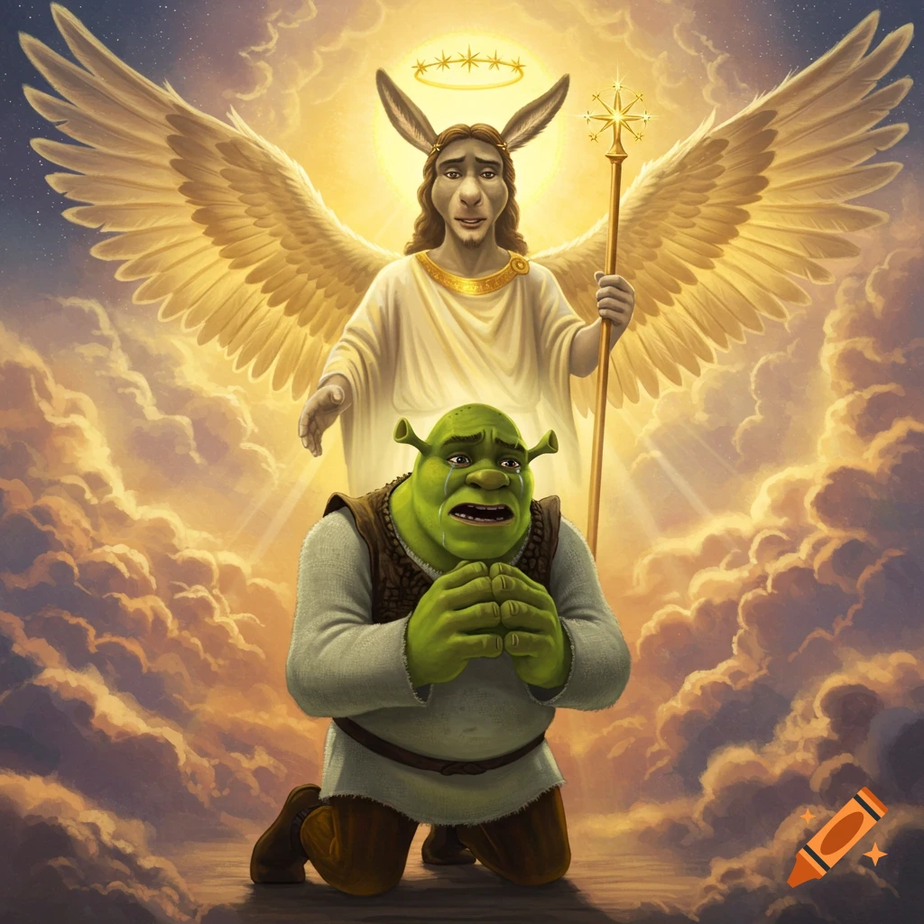 Shrek kneels and cries before an angelic, winged donkey figure in the clouds.