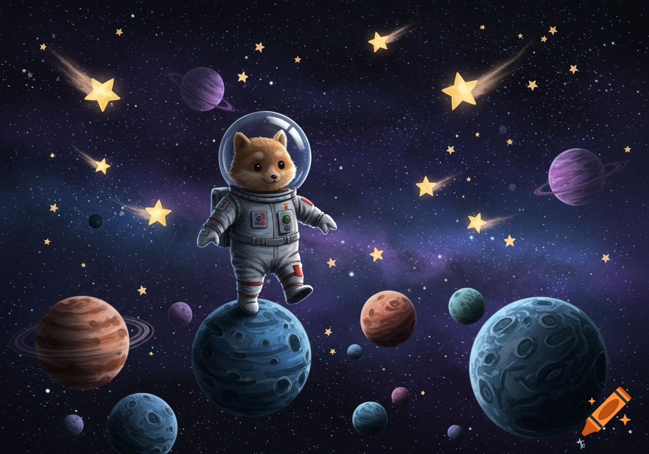Cartoon of a cute animal in a spacesuit standing on a planet in space surrounded by stars and other planets.