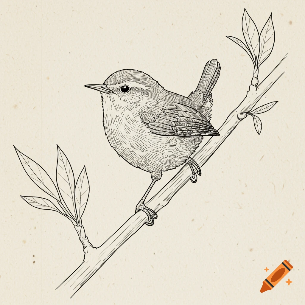 Line drawing of a wren bird perched on a branch with leaves.