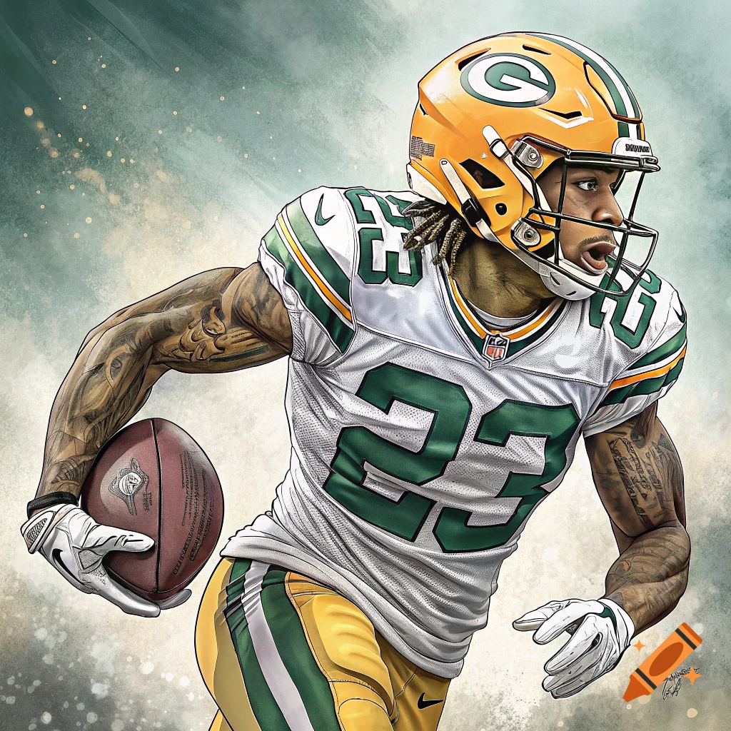 Illustrated American football player in uniform running with the ball.