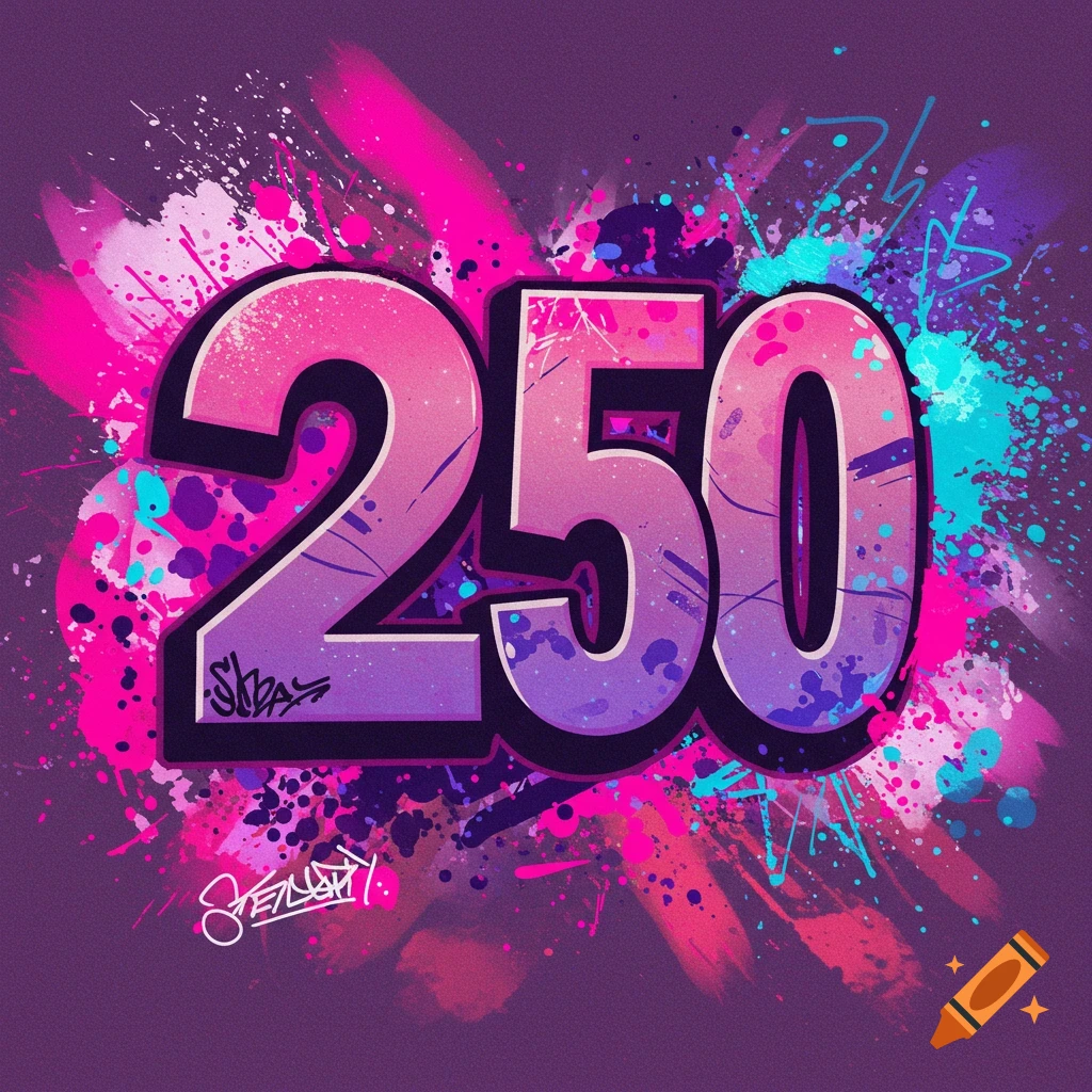 Large gradient numbers 250 with pink and blue paint splatters on a purple background, in a graffiti style.