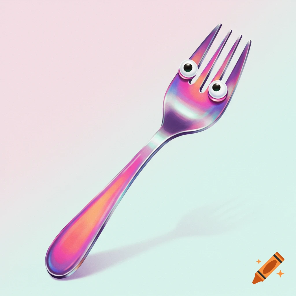 A shiny fork with googly eyes on a gradient background, digital art.
