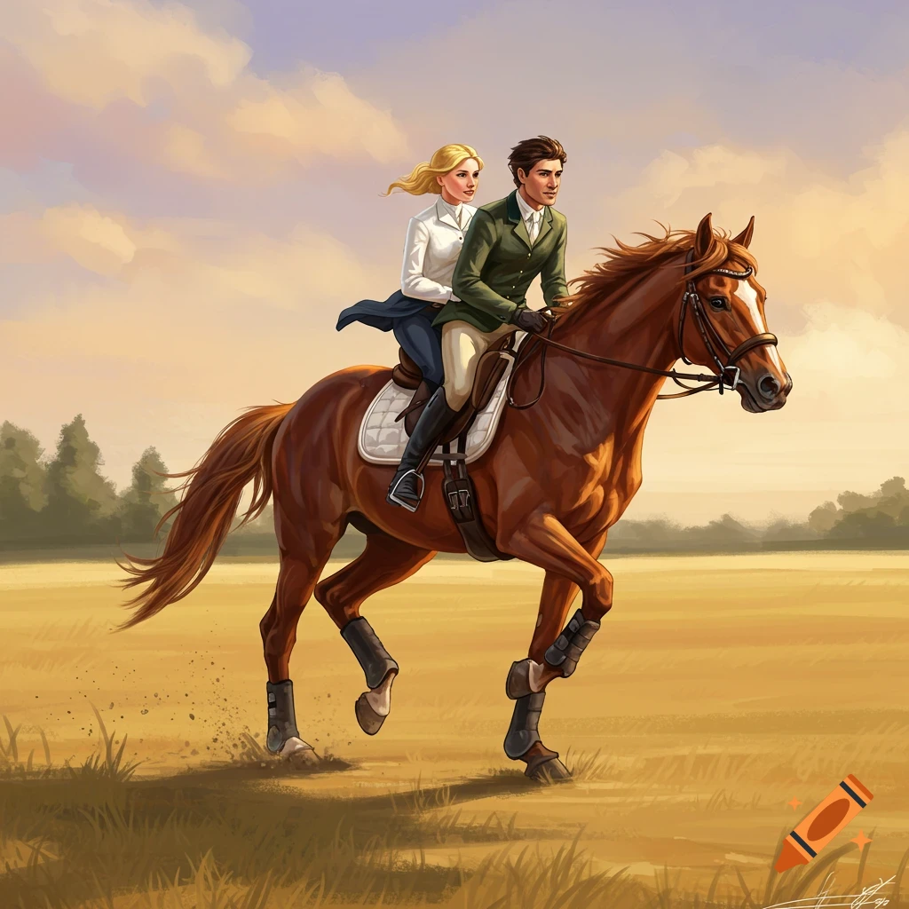 A man and woman ride a horse through a field at sunset.