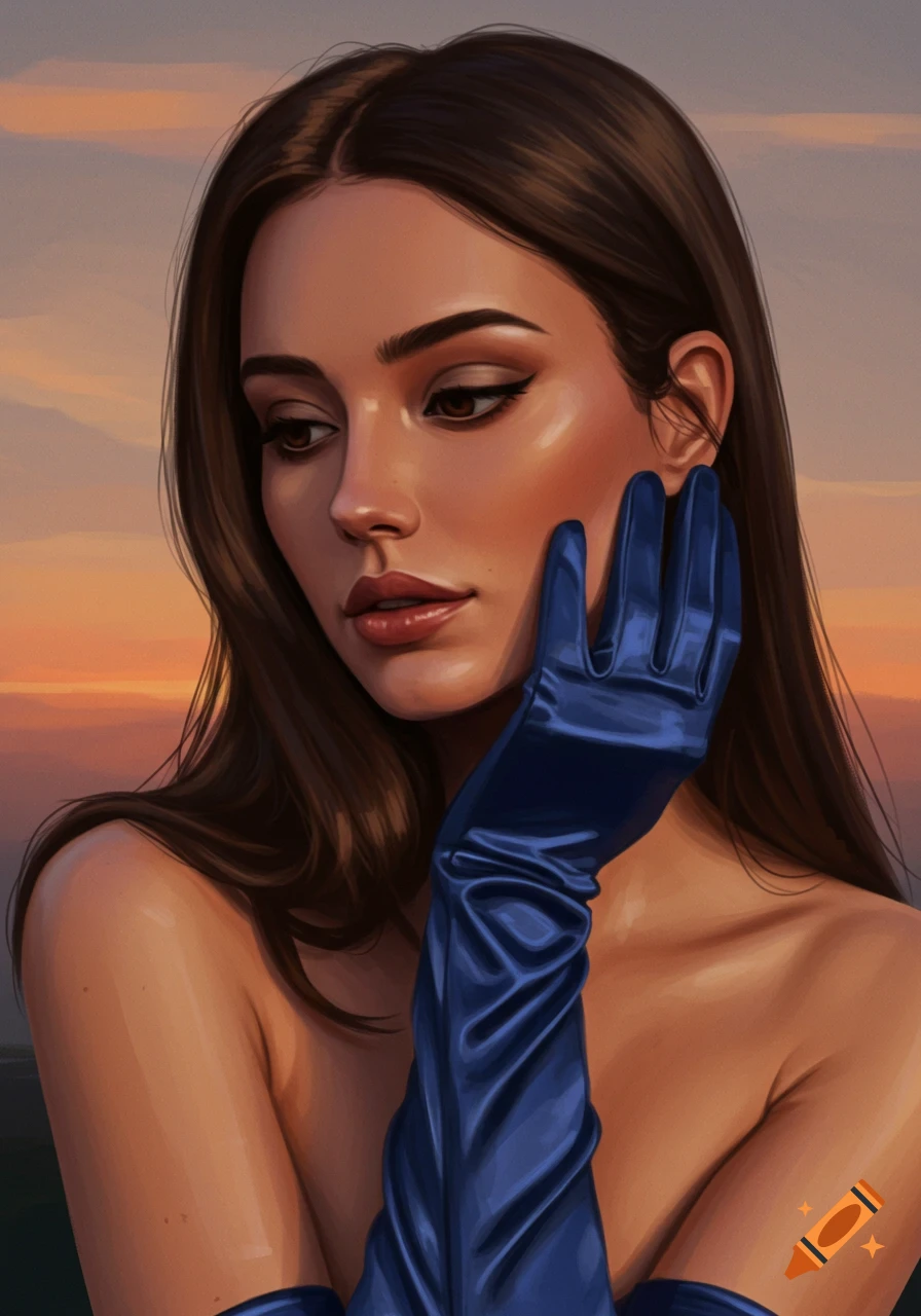 A woman wearing long blue satin gloves against a sunset background.