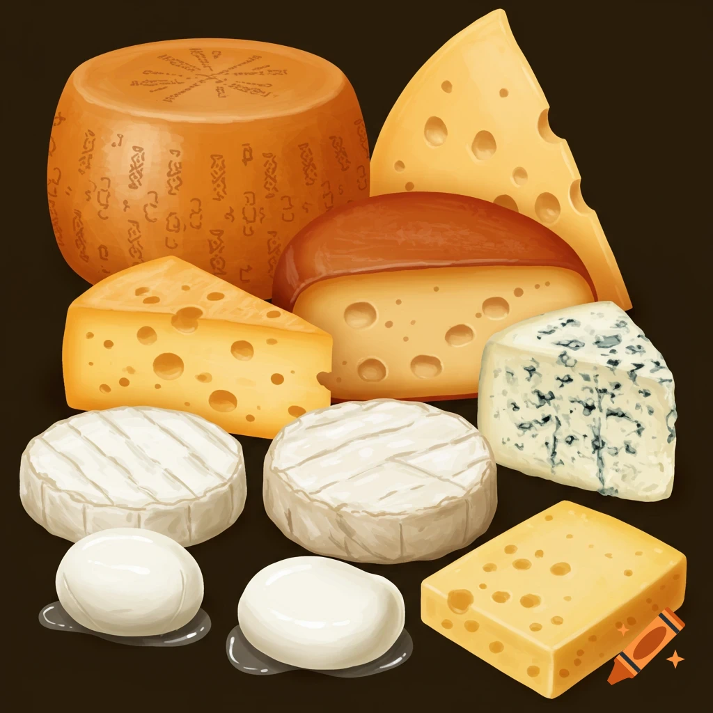 A variety of different cheeses including a wheel, wedge, and ball shapes.