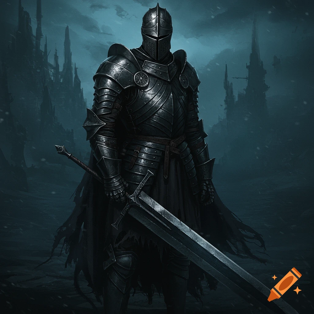 A dark knight in full armor holding a greatsword stands in front of dark ruins.