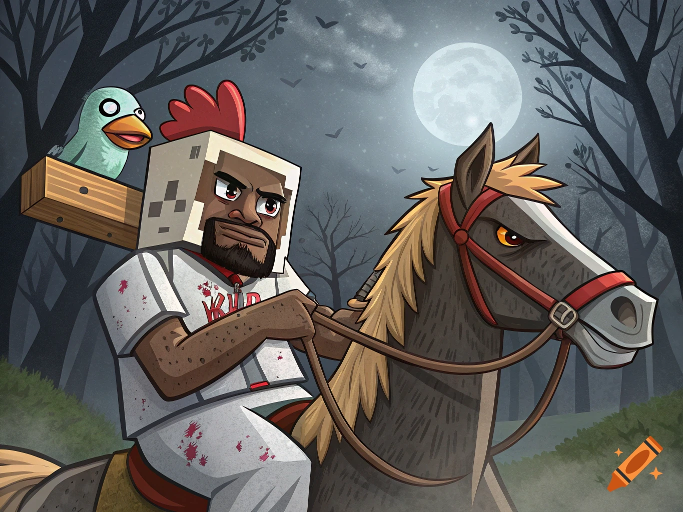 Cartoon man with chicken comb and beard, resembling LeBron James, riding a horse through a spooky forest at night.