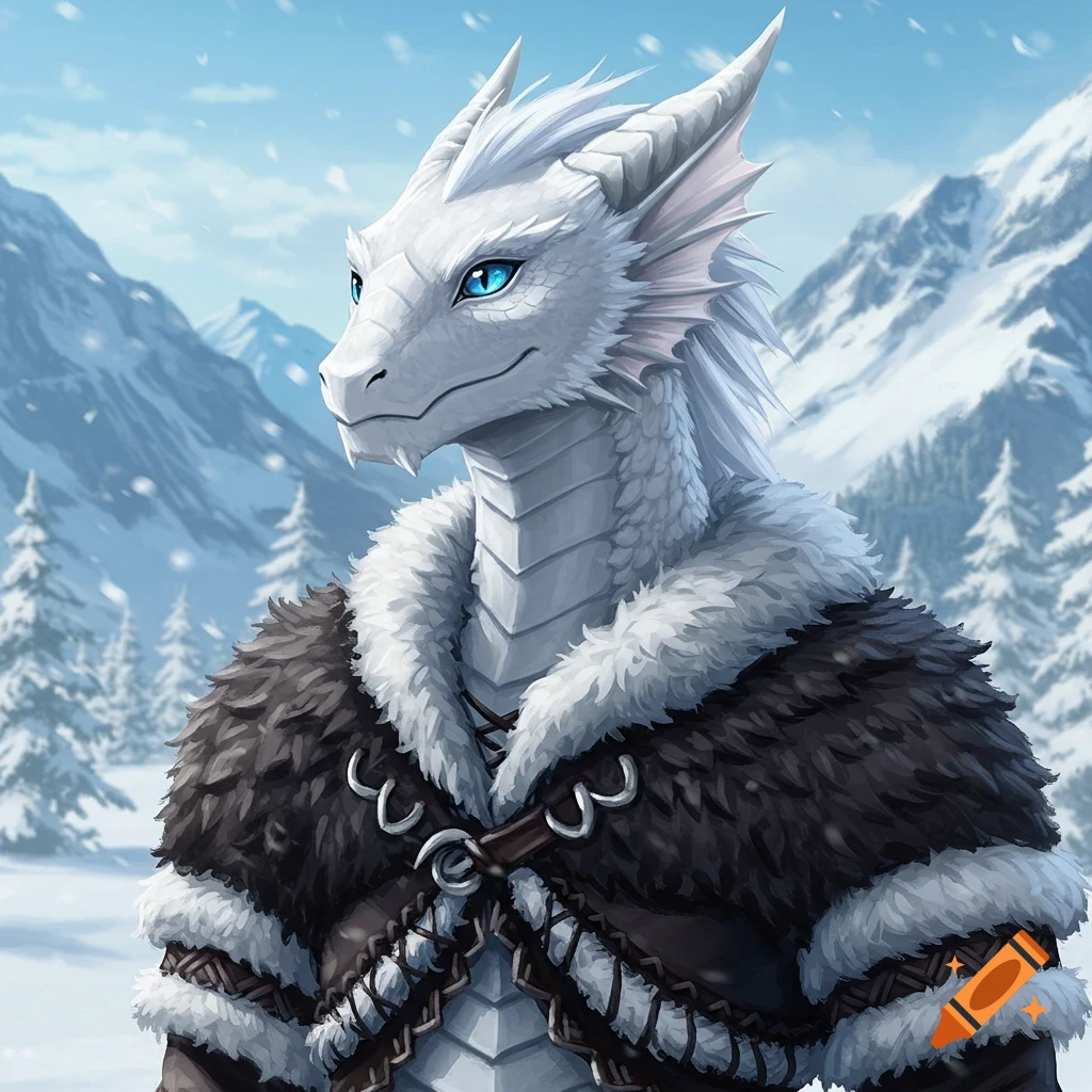 White dragon person in winter furs stands in snowy mountains