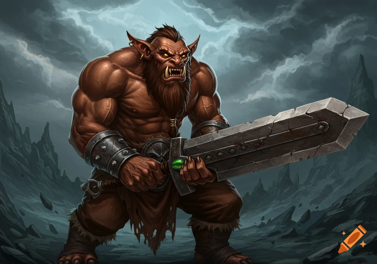 A muscular gnoll-like creature holds a massive two-handed sword.