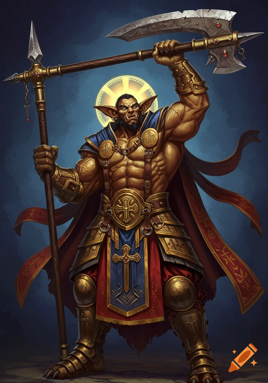 A muscular hobgoblin in grand religious armor holds a large glaive.
