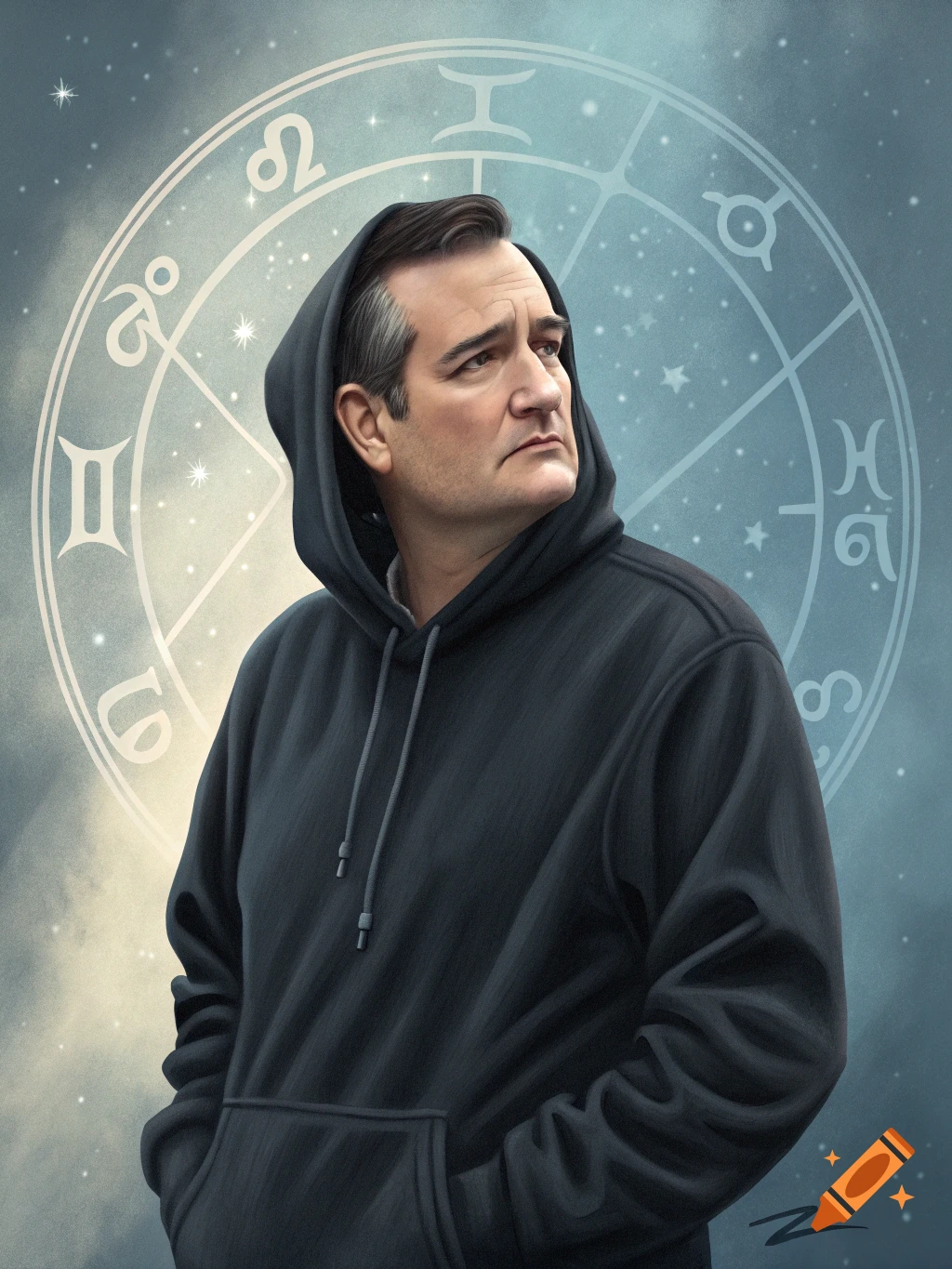 Portrait of a man in a black hoodie with a zodiac wheel in the background.