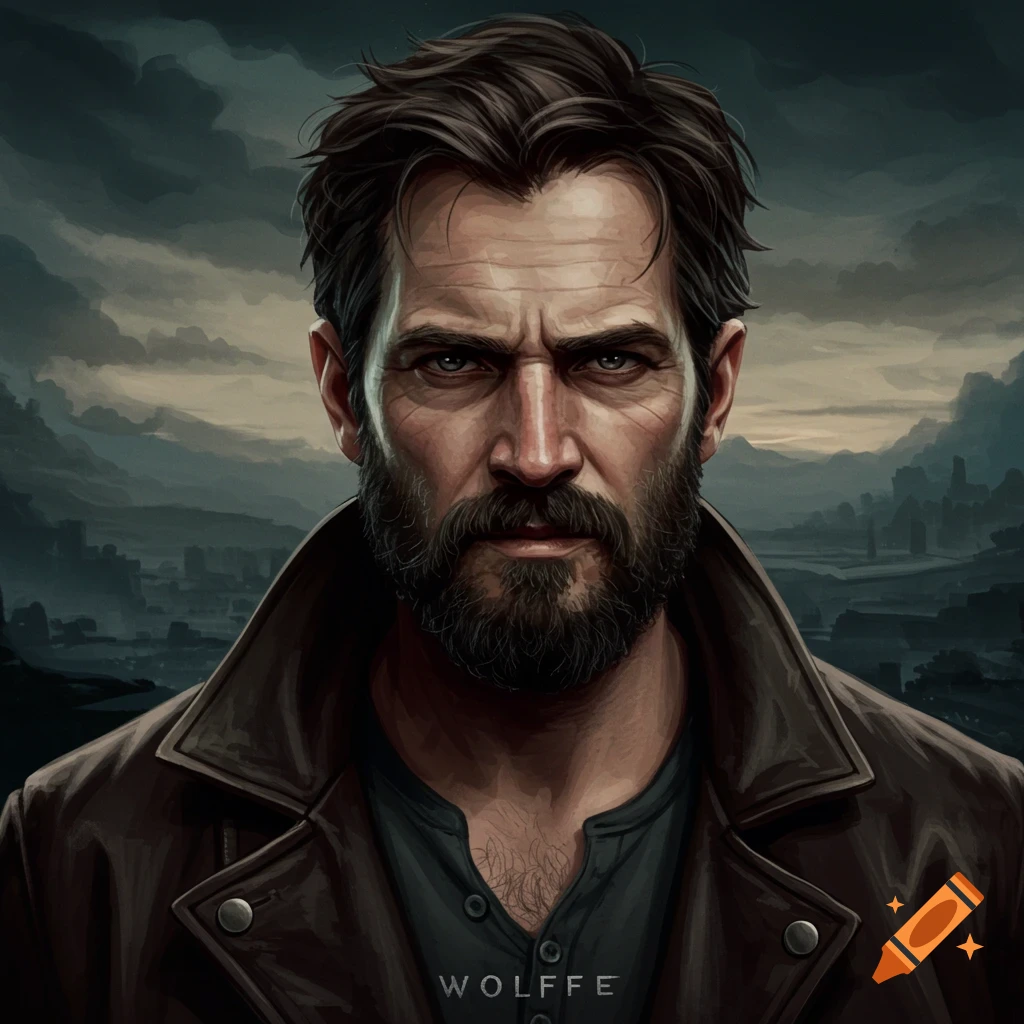 A stern man with a beard and brown leather coat stands against a dark, cloudy landscape.