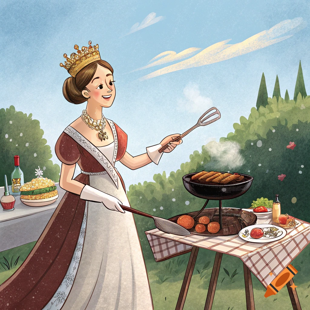 Illustration of a queen wearing a crown and formal dress grilling outdoors.