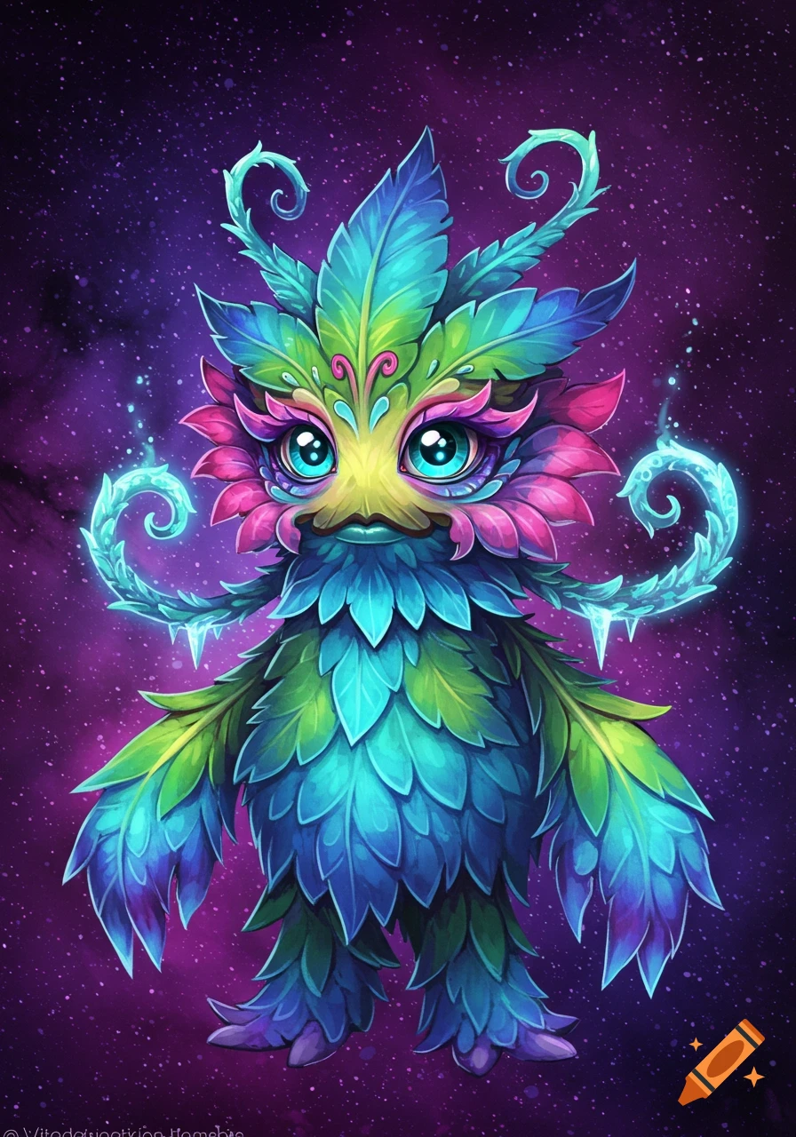 Colorful fantasy monster creature made of leaves with large eyes against a purple starry background.
