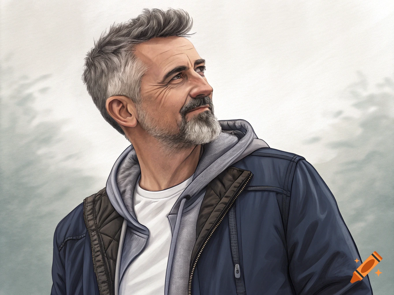 Illustration of a man with grey hair and beard wearing a hoodie and jacket, looking upwards.