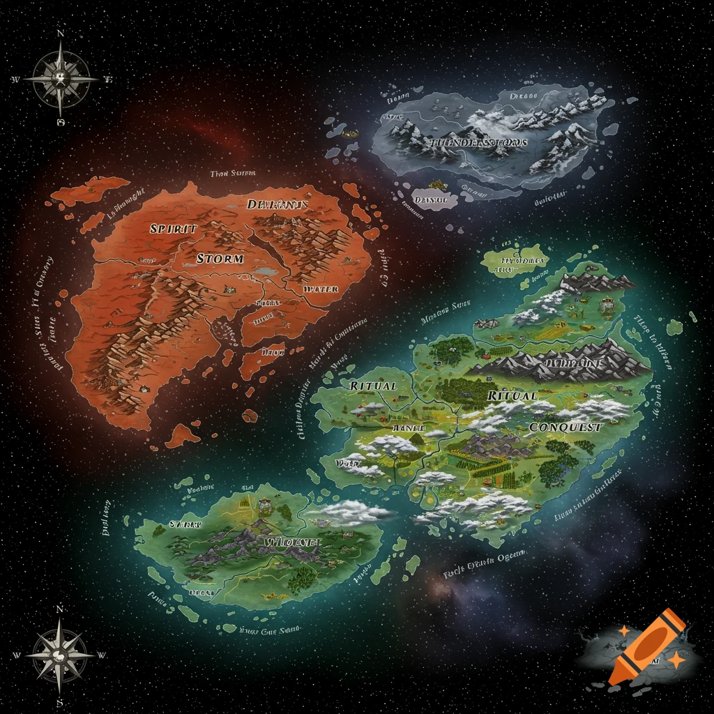 A fantasy map of five continents floating in space with stars and nebulas.