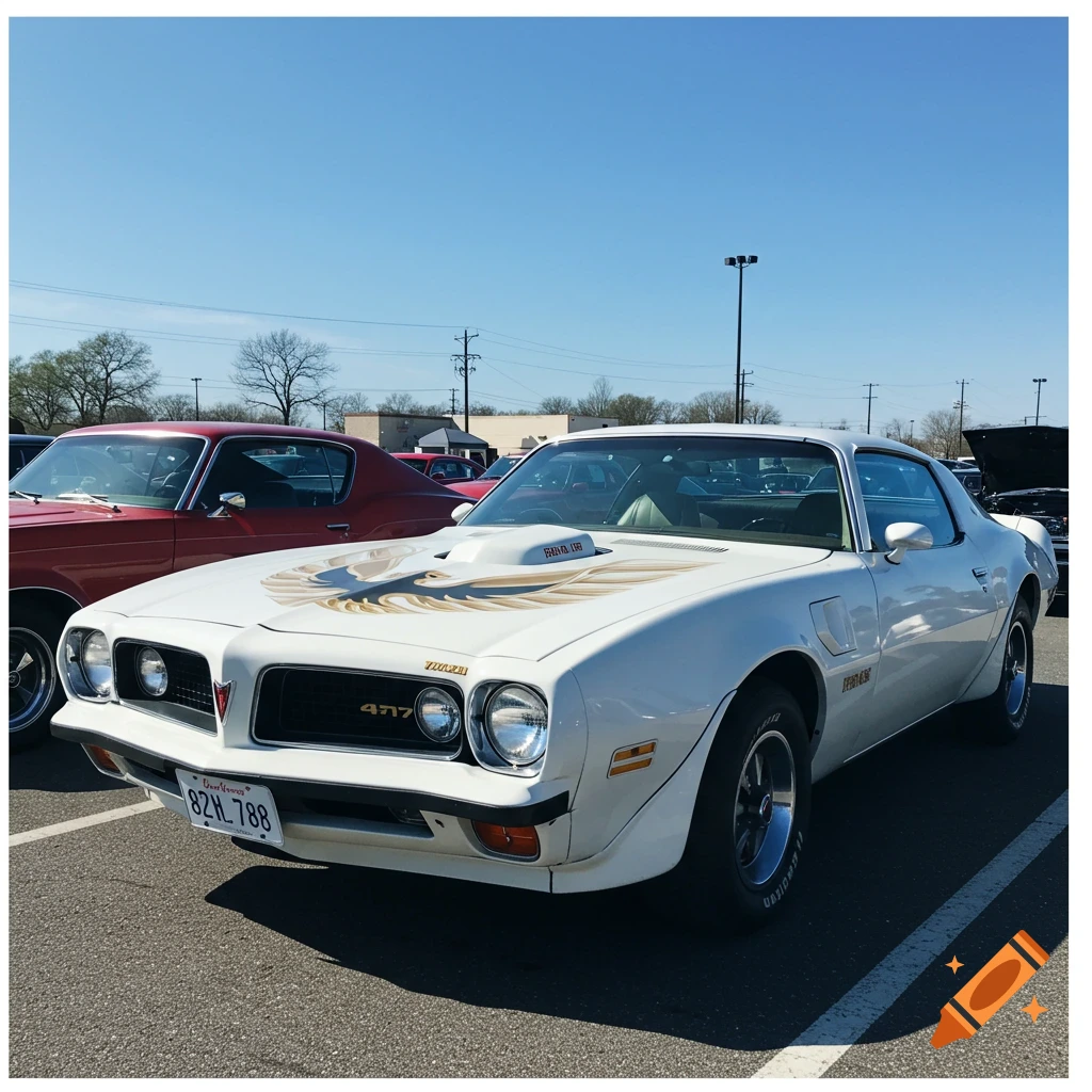 A white 1970s Pontiac Trans Am with a large bird decal on the hood is parked in a lot.
