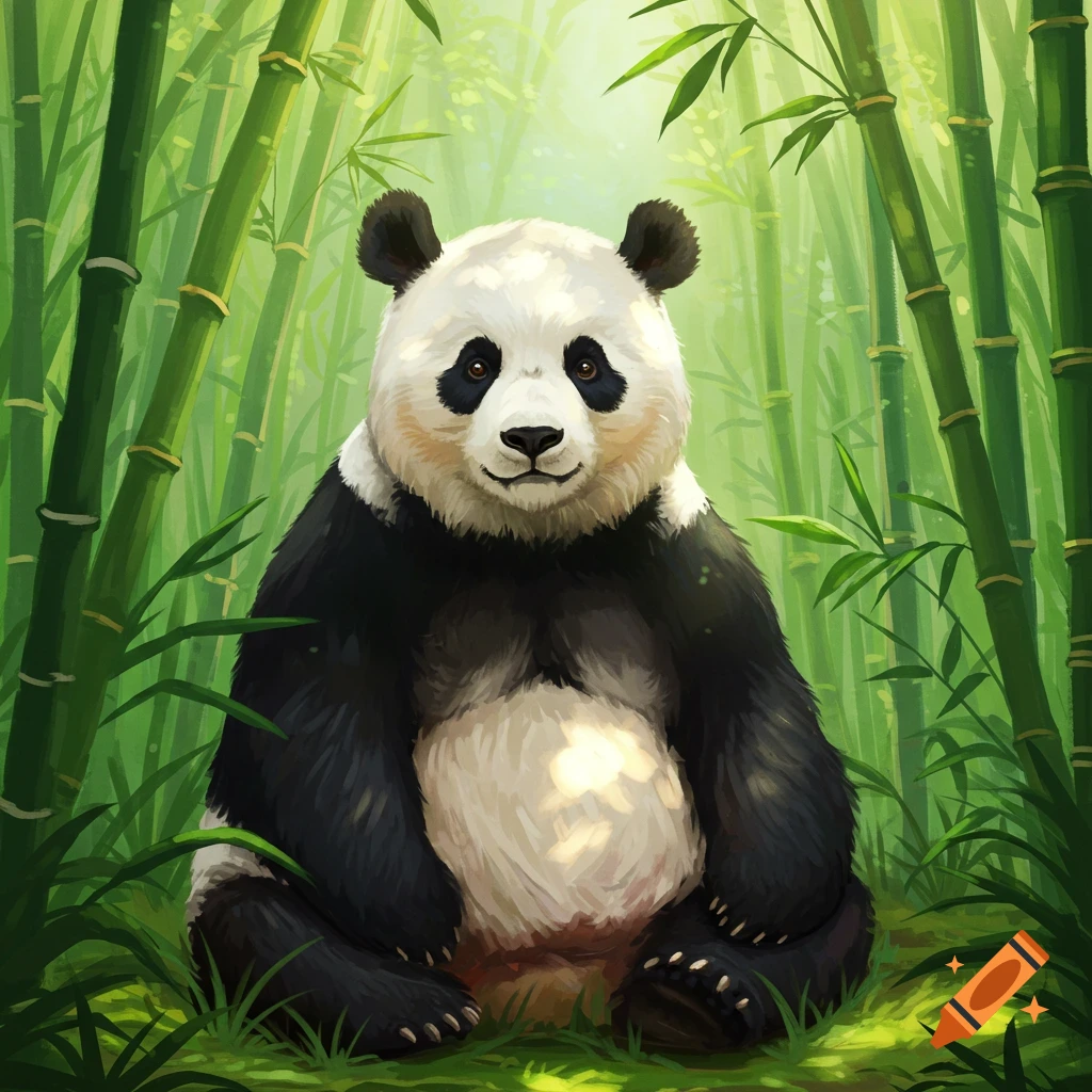 A panda sitting in a lush green bamboo forest.