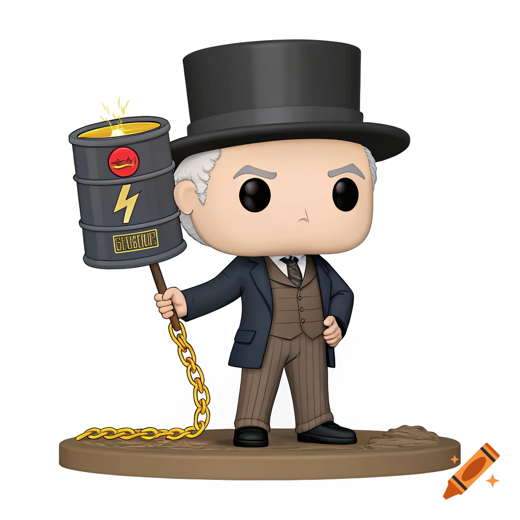 A Funko Pop figure of a man in a suit and top hat holding a shield made from an oil barrel with a chain and lightning effect.