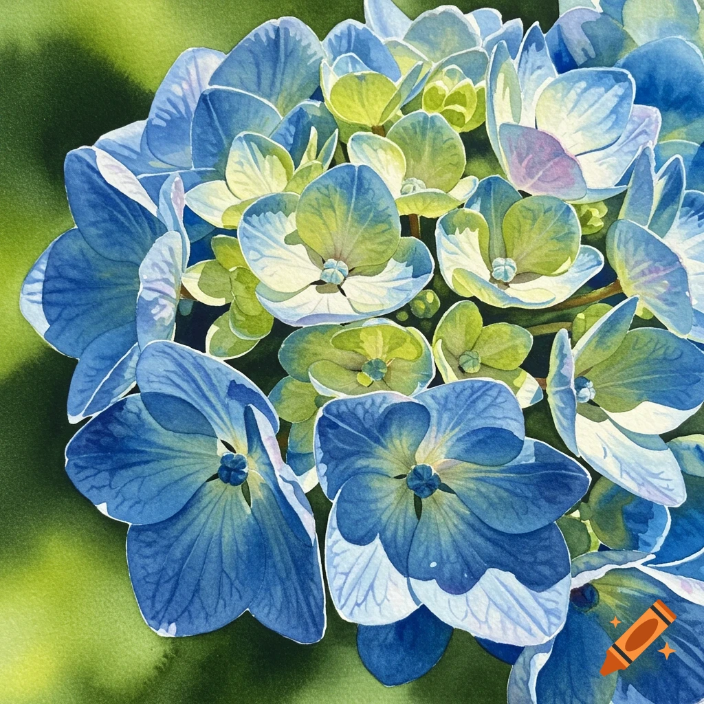 A close-up watercolor painting of a blue hydrangea flower.