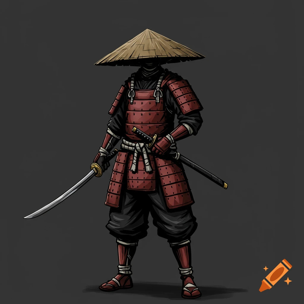 A samurai wearing red armor and a conical hat stands with two swords in a comic book style illustration.