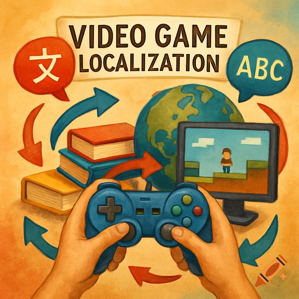 Hands holding a controller, globe, books, and text, representing video game localization.