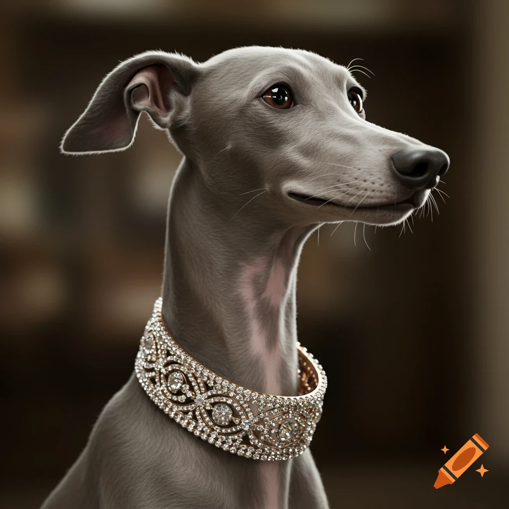 Photorealistic close-up of a greyhound wearing a large diamond collar