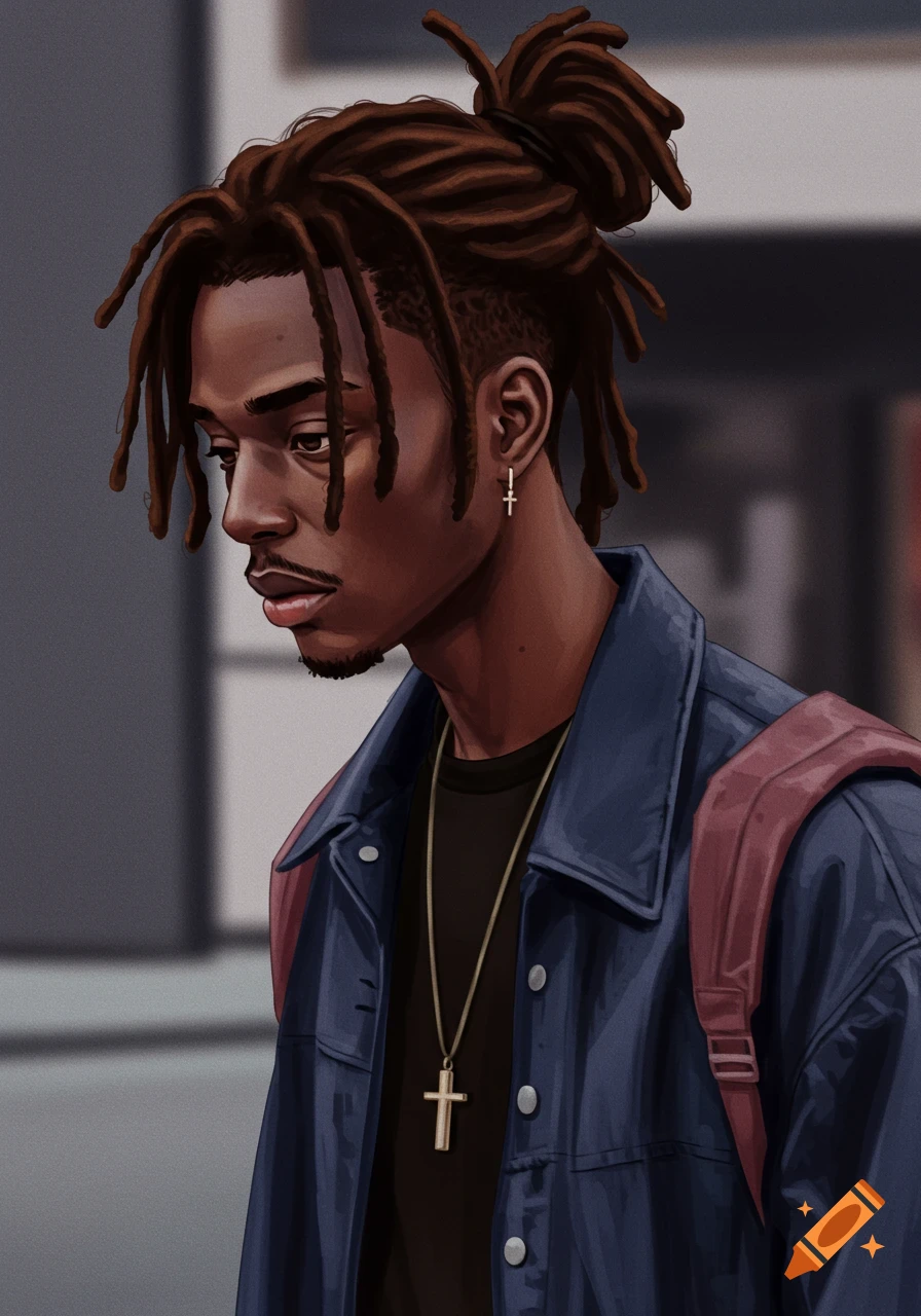 A young man with brown locs pulled back, wearing a denim jacket and backpack.