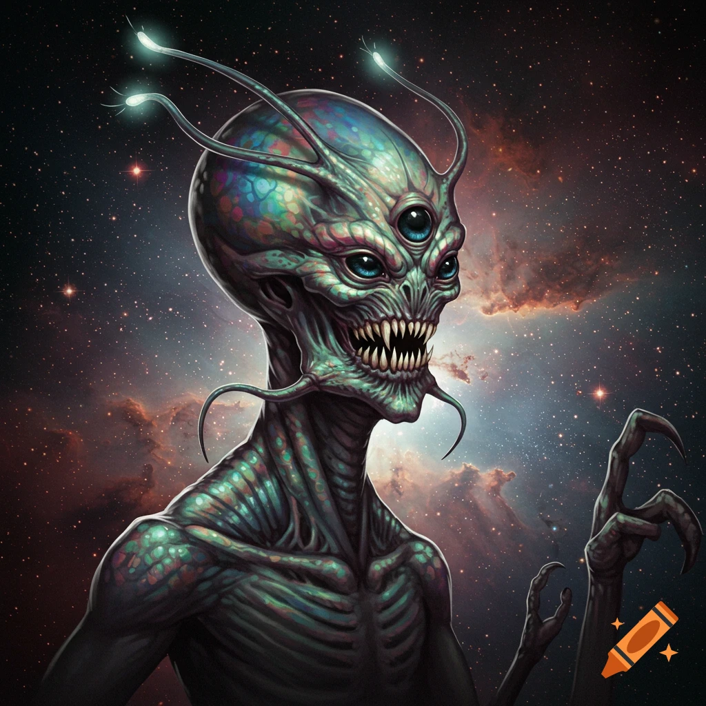 A strange alien with multiple eyes and glowing antennae is set against a space background.