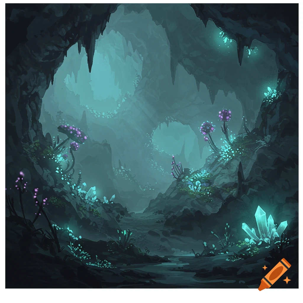 An ethereal underground cave with glowing crystals and mushrooms.