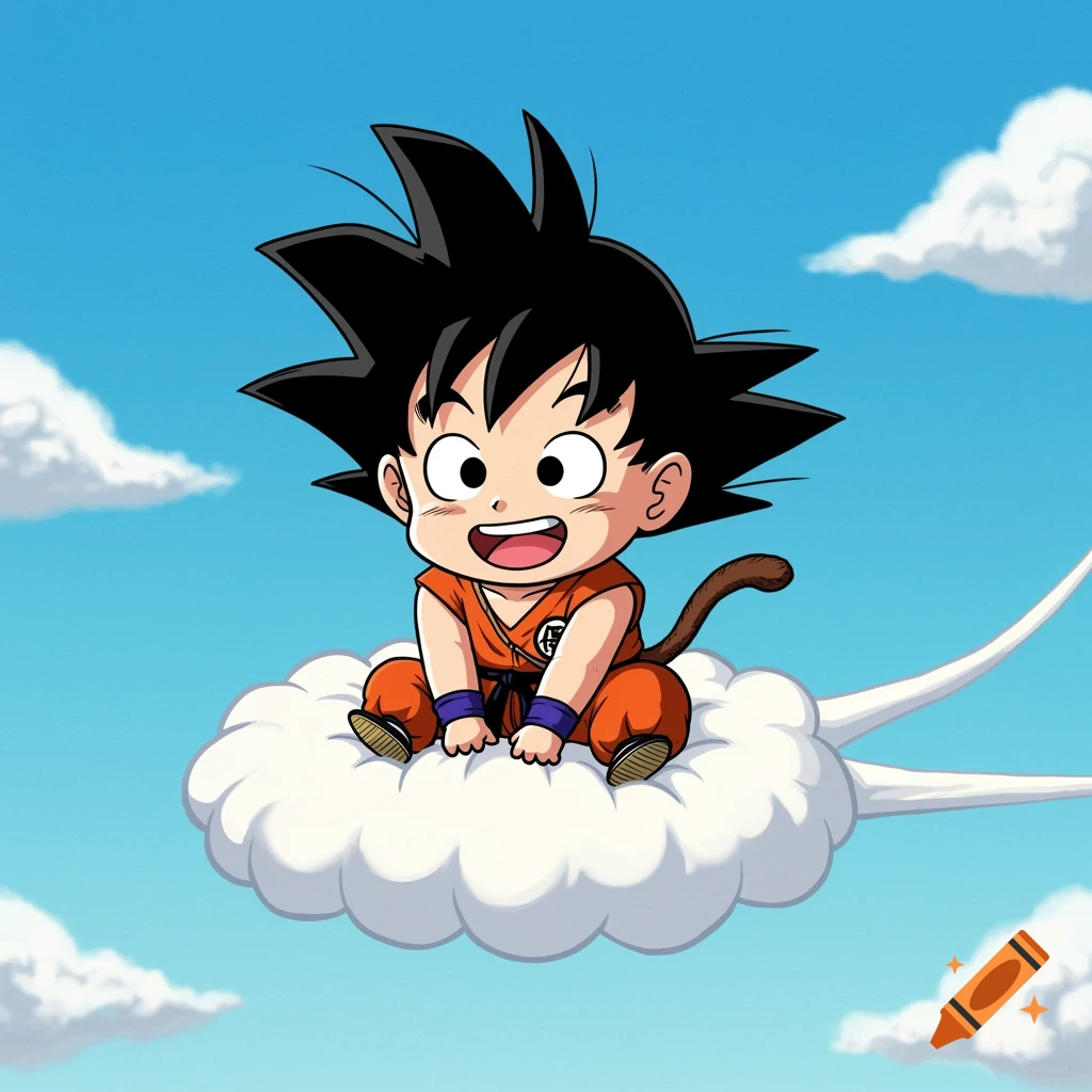 Chibi style illustration of Goku sitting on a cloud in a blue sky