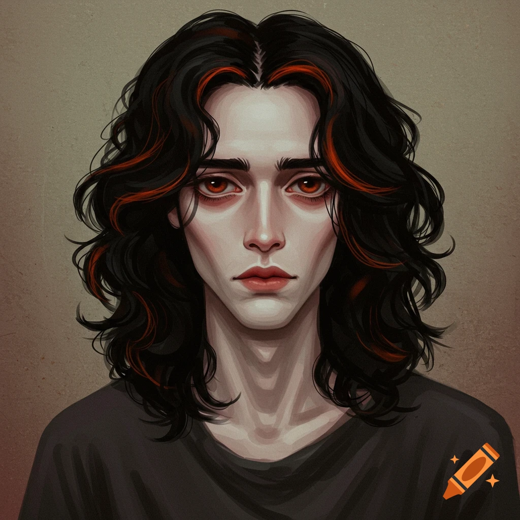 A pale man with dark curly hair and red highlights, looking forward.