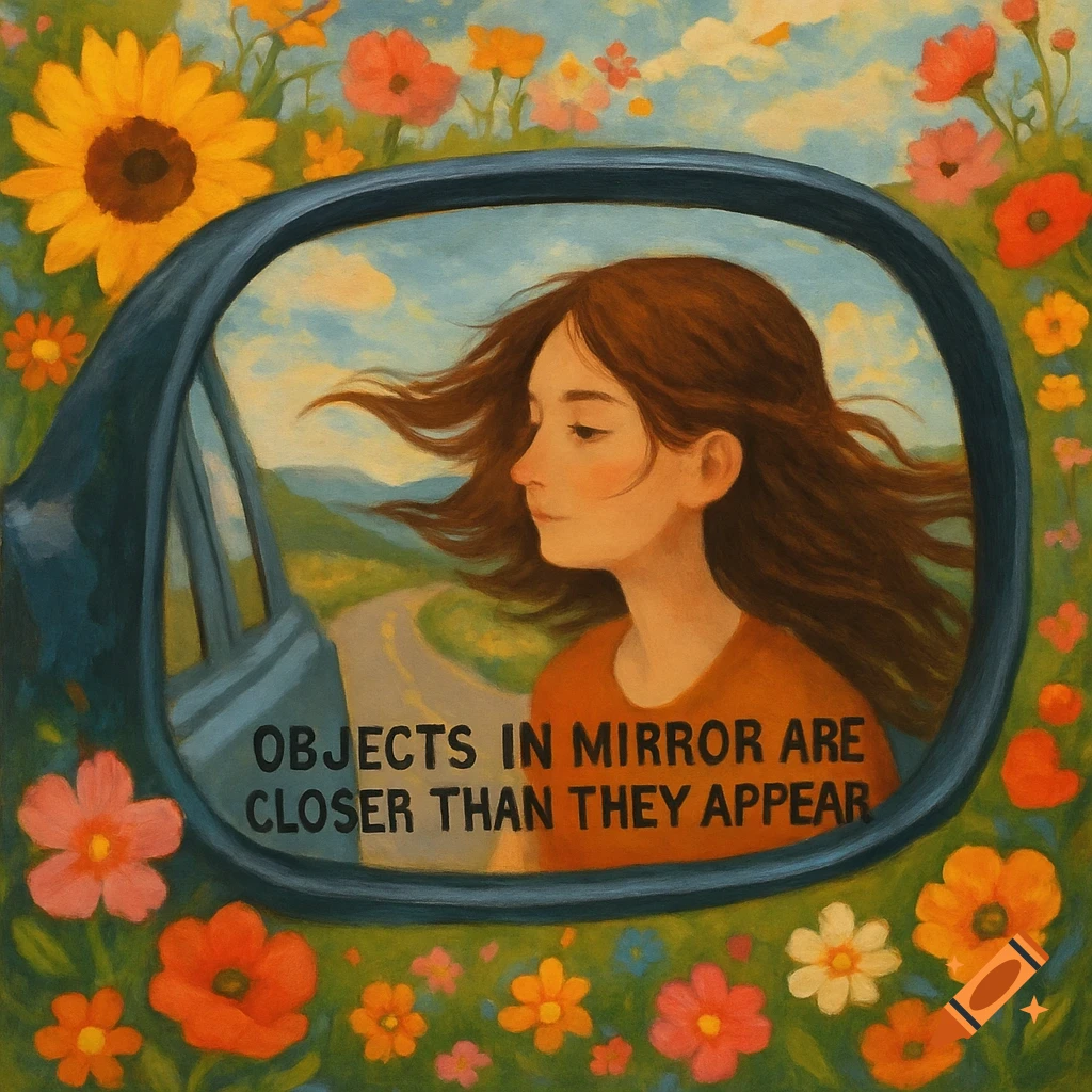 A girl is reflected in a car mirror that is surrounded by flowers, with text in the mirror.
